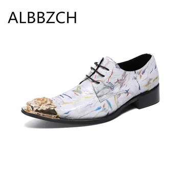 

Spring Summer Fashion Party Derby Men Shoes White Printing Leather Wedding Shoes Men's Career Work Luxury Metal Pointed Shoes