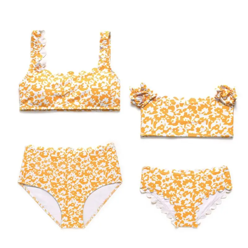 

Mother Daughter Summer Two Piece Bikini Set Scalloped Trim Color Block Yellow Floral Printed Swimsuit High Waist Bottoms Family