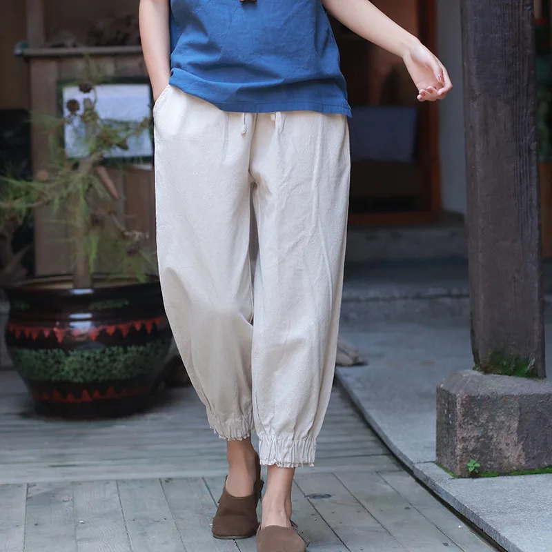 

ORIGOODS Cotton Linen Cotton Summer Harem Pants Women Elastic Waist Pants Original design Vintage Casual Harem Trousers C155