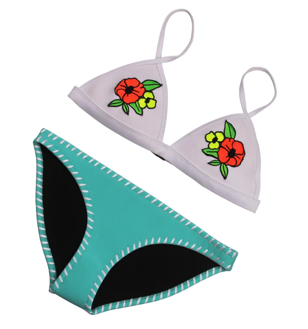 

MUXILOVE 2017 Handmade Embroidery Floral Women 100% Real Neoprene Bikini Set Swimwear Swimsuit Bathing Suit Top & Bottom Biquini