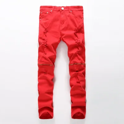 Новая мода Для мужчин рваные Дизайнерские джинсы Брюки Slim Fit колен на молнии красные джинсы Для мужчин Клубные яркий Цвет Denim Jogger - Цвет: red
