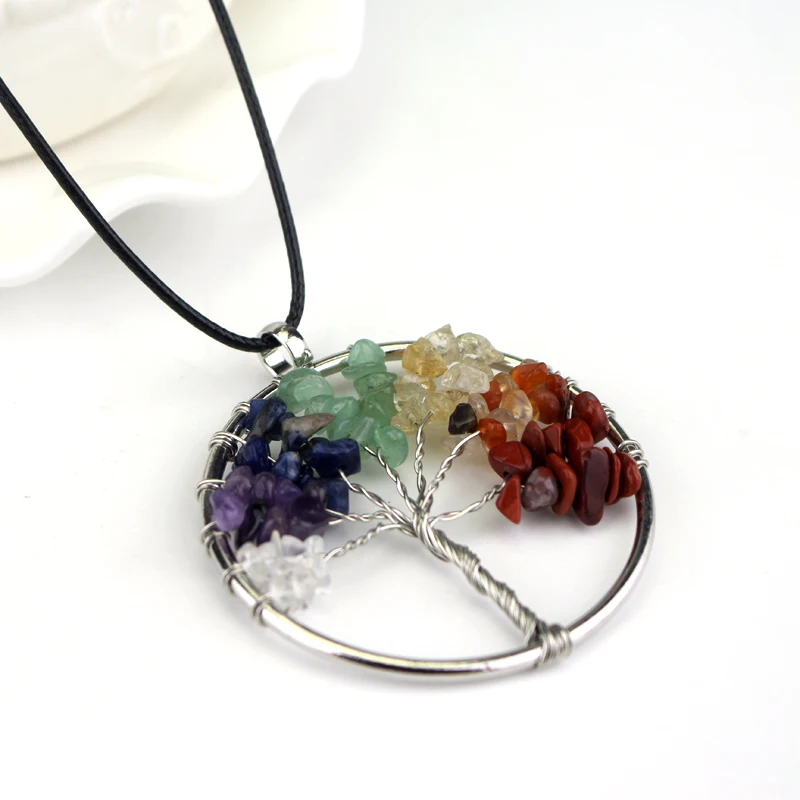 

MQCHUN Women Rainbow 7 Chakra Tree Of Life Quartz Pendant Necklace Multicolor Wisdom Tree Natural Stone Necklace Christmas Gift