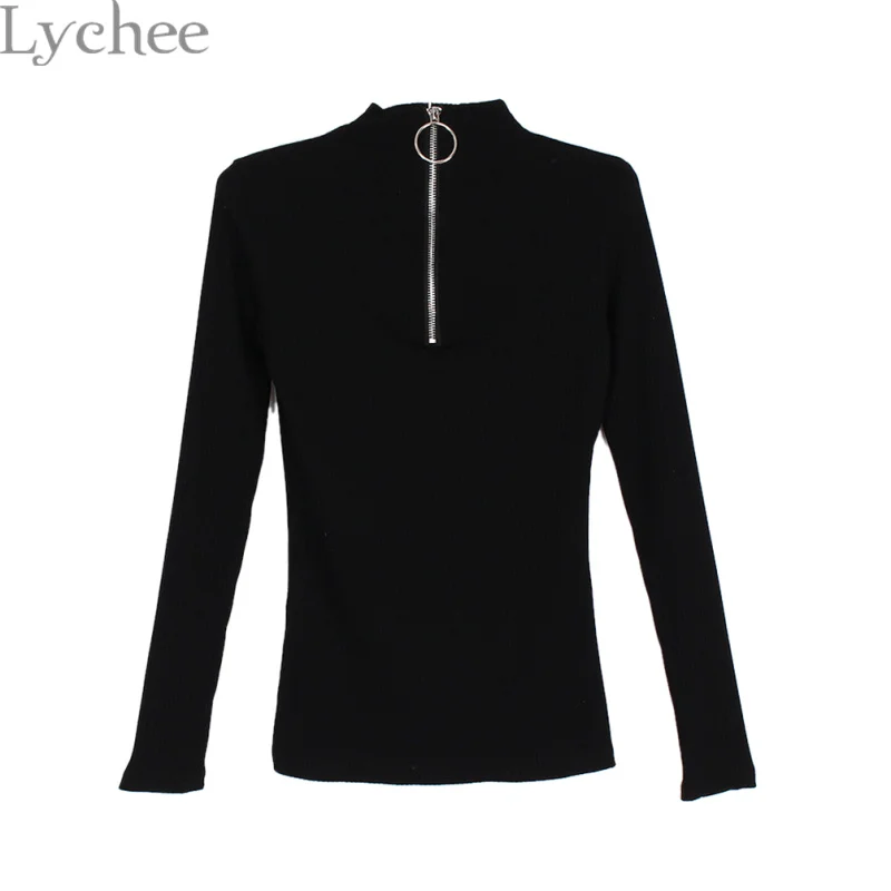 

Lychee Vintage Women Kintted T-shirt Circle Ring Zipper Knitted Turtleneck Long Sleeve T Shirt Pullover