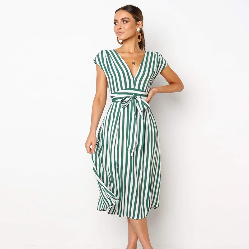 

Dress Women Stripe Printing short Sleeveler Dress Evening Party Vest Empire Sashes Dress Women Clothes