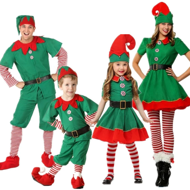 Забавные зеленые рождественские костюмы для взрослых; костюм Санта-Клауса; Семейные комплекты; детское карнавальное платье; новогодний наряд для девочек