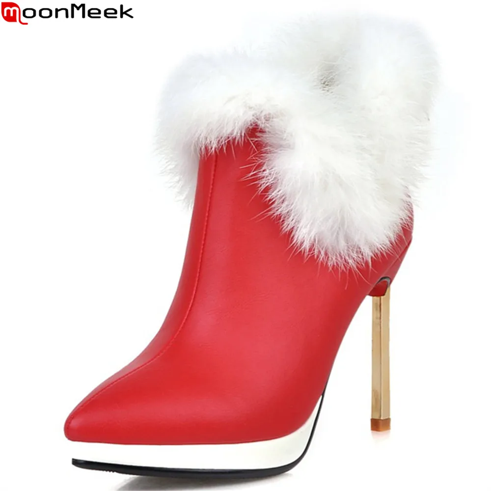 

MoonMeek black red white fashion women shoes pointed toe ladies genuine leather boots thin heel ankle boots super high big size