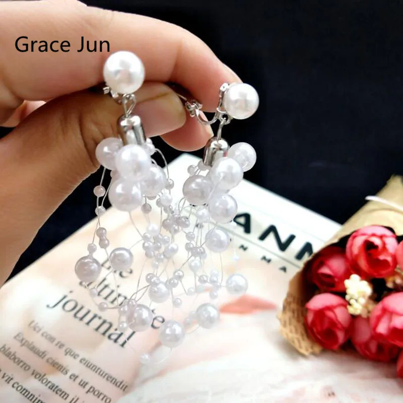 Grace Jun New Fashion Gypsophila Clip on Earrings No Pierced for Women Party Prom Cute Simulated Pearl Pierced Earrings