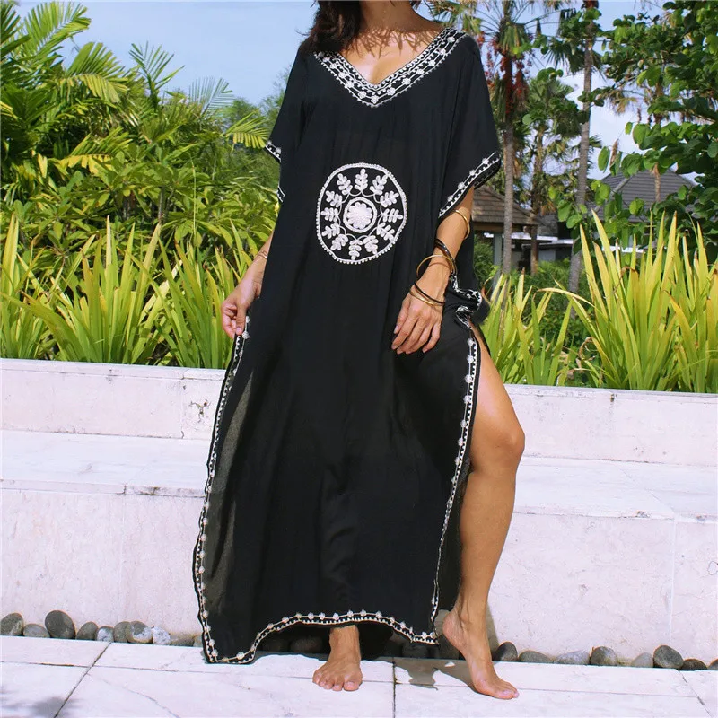 

Plus Size Cotton Black Maxi Dress with Embroidery Beach Sarong Vestidos Verano 2019 Casual Long Dress Sexy Women Beach Dress