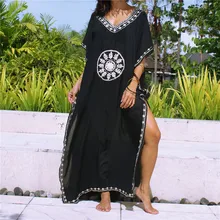 Plus Size Cotton Black Maxi Dress with Embroidery Beach Sarong Vestidos Verano 2019 Casual Long Dress Sexy Women Beach Dress maxi cami dress with fringing black