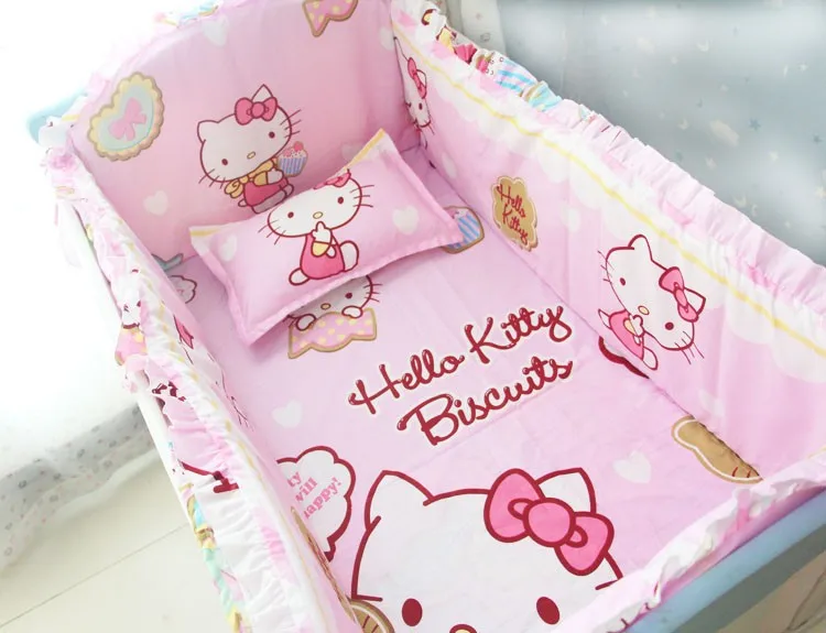 

Promotion! 6PCS Cartoon cot bedding set crib sheet pink baby bedding set (bumpers+sheet+pillow cover)