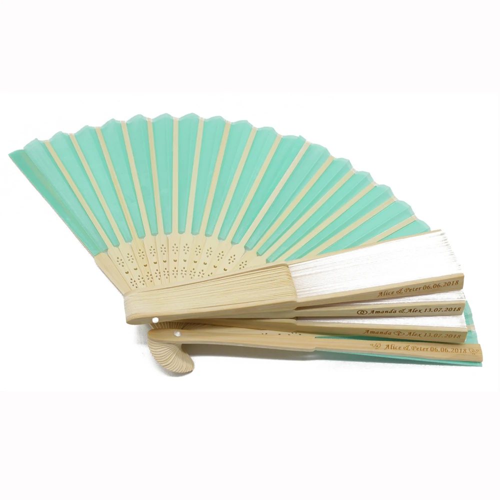 

50Pcs Personalized Engraved Folding Hand Silk Fan Fold Vintage Fans With Organza Gift bag Customized Wedding Party Favors