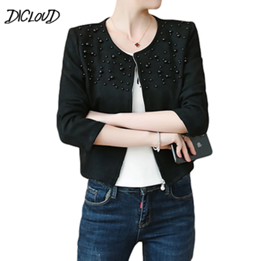

DICLOUD 2018 Autumn Imitation Suede Short Coat Women Fashion Beading Slim Leather Jacket Women Elegant Round Neck Plus Size Coat