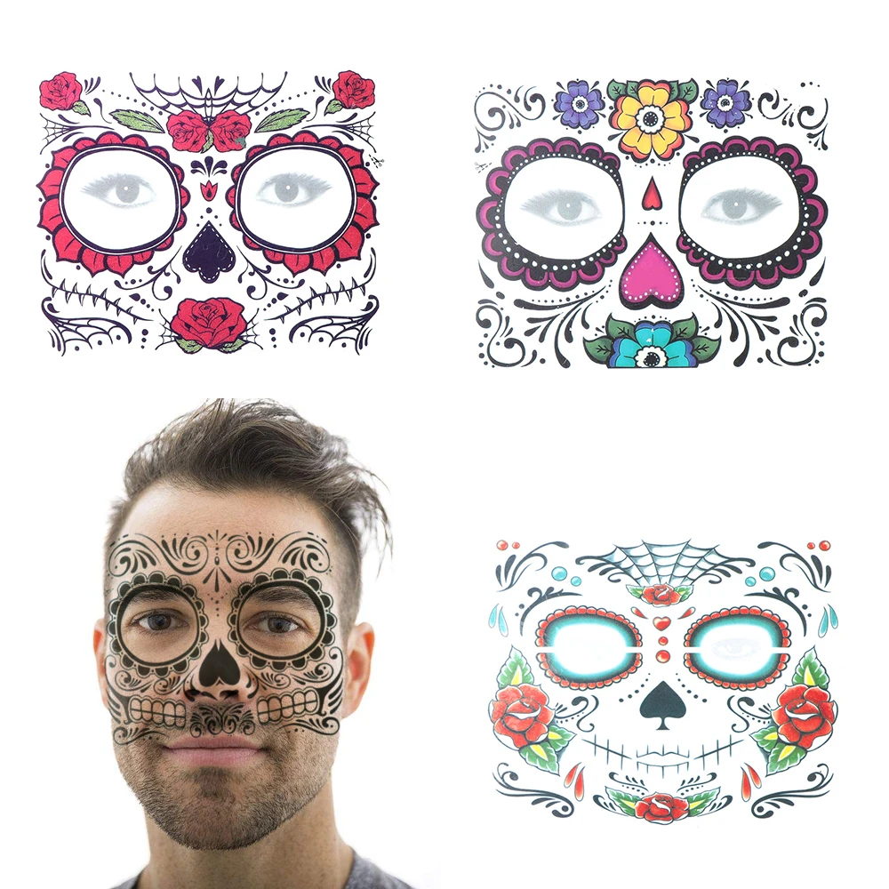 Black Sugar Skull Day of the Dead Temporary Face Sticker Temp Tattoo Halloween Black Sugar Skull Day of the Dead Temporary Face Sticker Temp Tattoo Halloween