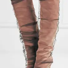 Новинка; сезон весна; Женские однотонные сапоги цвета хаки и красного цвета; Цвет белый; 100 мм; туфли на шпильке без застежки с острым носком; кожаные высокие сапоги из тюля