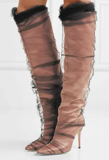 

Spring New Women Khaki Red Solid Color Off-White 100 mm Stiletto Heel Slip On Pointed Toe Knee High Leather Long Tulle Boots