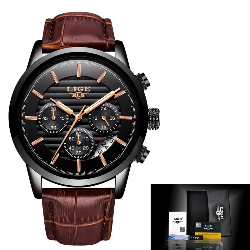 Новые роскошные брендовые LIGE мужские спортивные часы мужские кварцевые часы мужские военные кожаные Наручные часы Relogio Masculino+ подарок - Цвет: All black