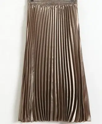 Юбки с высокой талией женские лучшее качество винтажная плиссированная юбка saia Миди юбка куртка faldas mujer блестящая юбка-пачка с металлическим блеском - Цвет: champagne