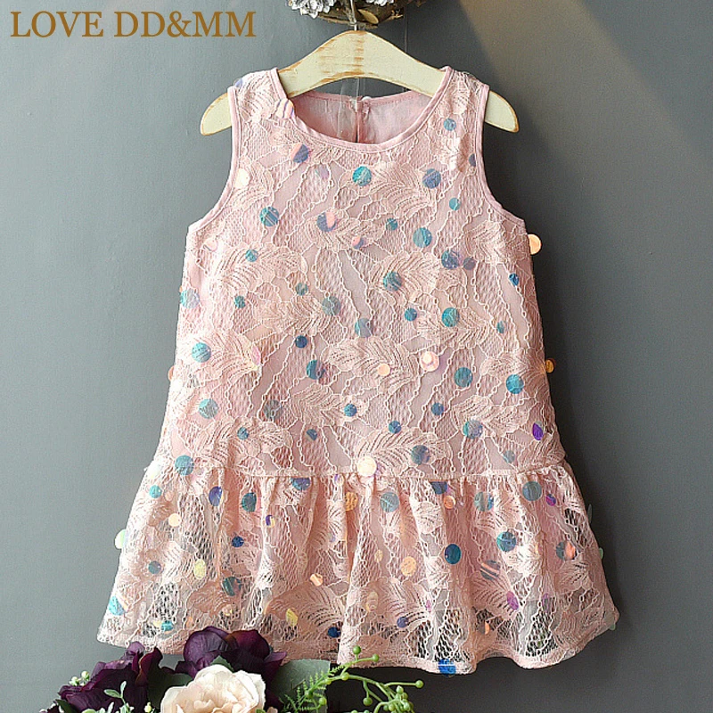 Платья для девочек с надписью «LOVE DD& MM»; Новинка года; летняя детская одежда; милое кружевное платье без рукавов с блестками для девочек; платье «рыбий хвост» - Цвет: Розовый