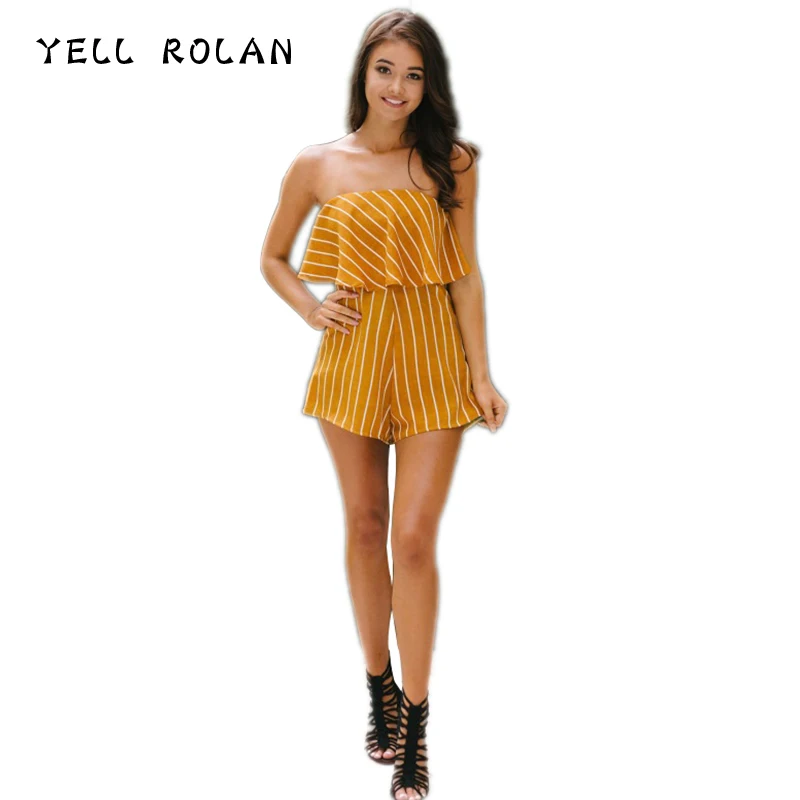 YELL ROLAN 2018 Women Summer Striped Playsuit Ladies Beach Party Hot Romper One Slash Backless Jumpsuit Boho Strapless Overalls Jumpsuits and Playsuits