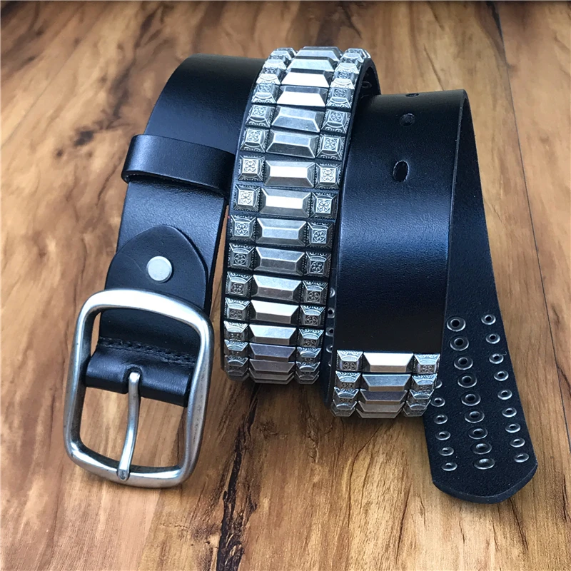 Heavy Metal Rivet Men Genuine Leather Belt Metal Stud Punk Jeans Belts