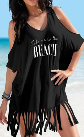 Blesskiss Пляжная накидка с бахромой, Женская туника, летняя футболка с надписью, бикини, купальник, купальный костюм, накидка, пляжная одежда для плавания - Цвет: black
