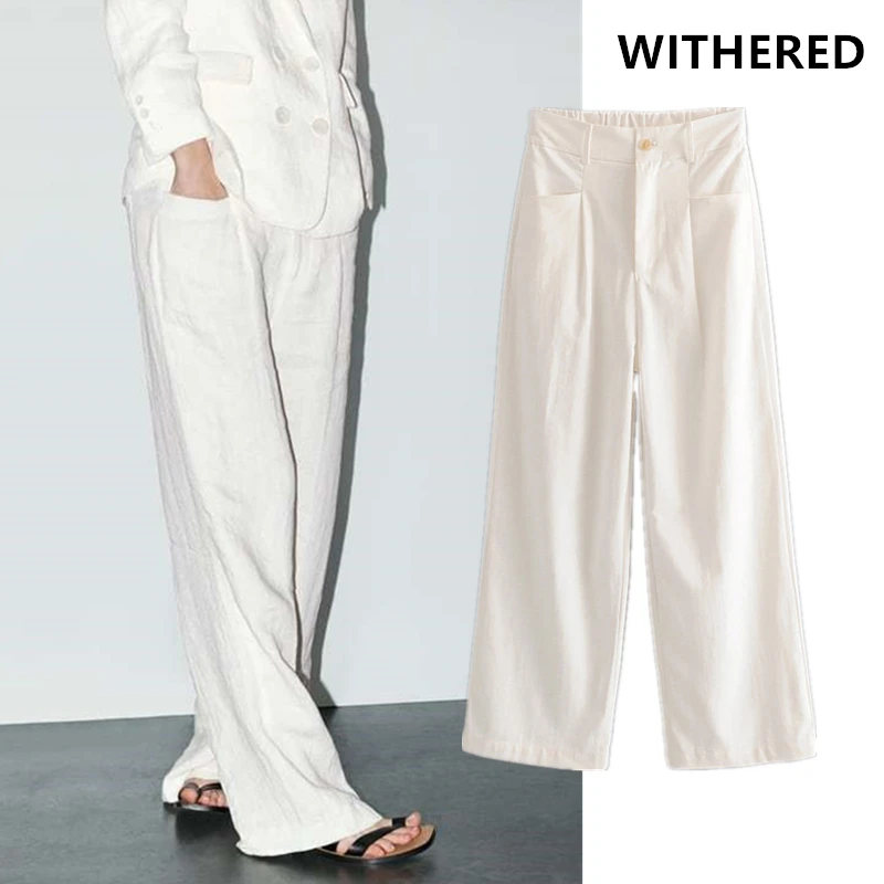

Withered pants women england urban suits pants high waist loose white wide leg pantalones mujer pantalon femme trousers women