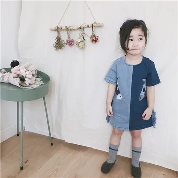 

In stock 0-6T summer new design baby girl clothes girls dress Denim Mixed colors Horse head embroidery Tassel Dress girls dress