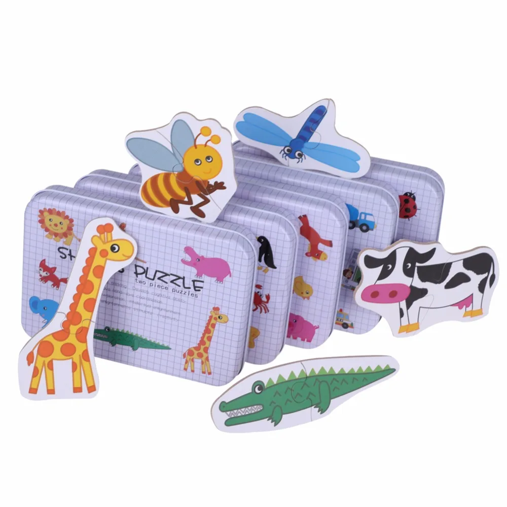 

Kids Cognition Puzzle Toys Set New Iron Box Cartoon Wooden Puzzles For Children Kids Early Educational Matching Game Wooden Toys