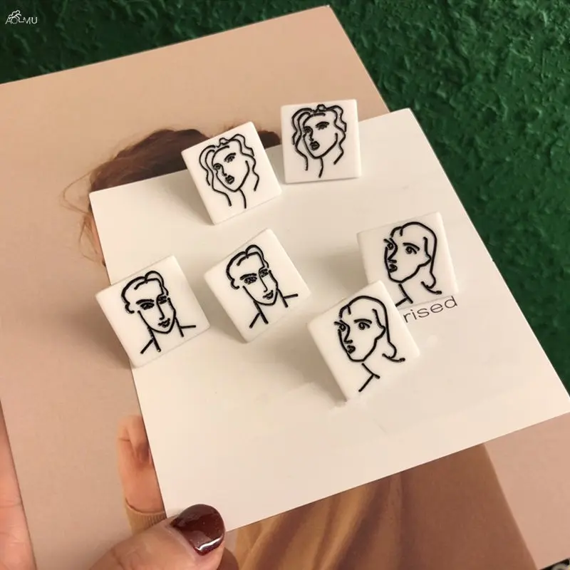 

AOMU 1Pair Abstract Sketch Portrait Stud Earrings Simple Geometric Square Acrylic Asymmetry Earrings for Women Jewelry Gifts
