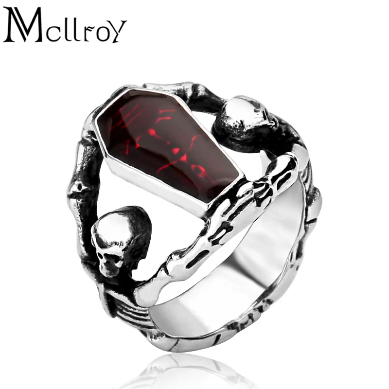 Mcllroy Fashion Ring Red gem Stainless steel 316L Personality Vintage style Skull rings Men's wedding jewelry Anel masculino