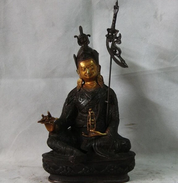 

Collectible bronze lion statue S1095 16" Tibet Buddhism Copper Bronze Lotus Padmasambhava master Monk Buddha Statue (B0328)
