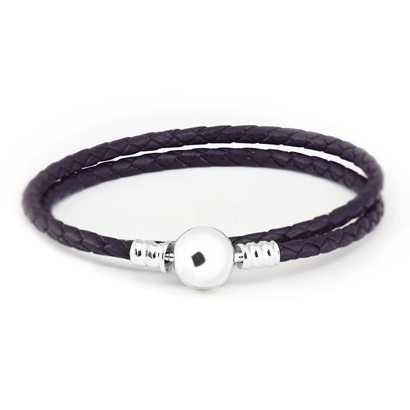 

Bracelets for Women Dark Purple Braided Leather Chain Single & Double 100% 925 Sterling Silver Ball Clasp Fit Charm Beads PLE713