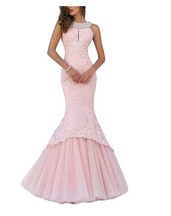 

Elegant Women's Mermaid Prom Dress Sleeveless Party Evening Gowns With Lace Appliques And Beads