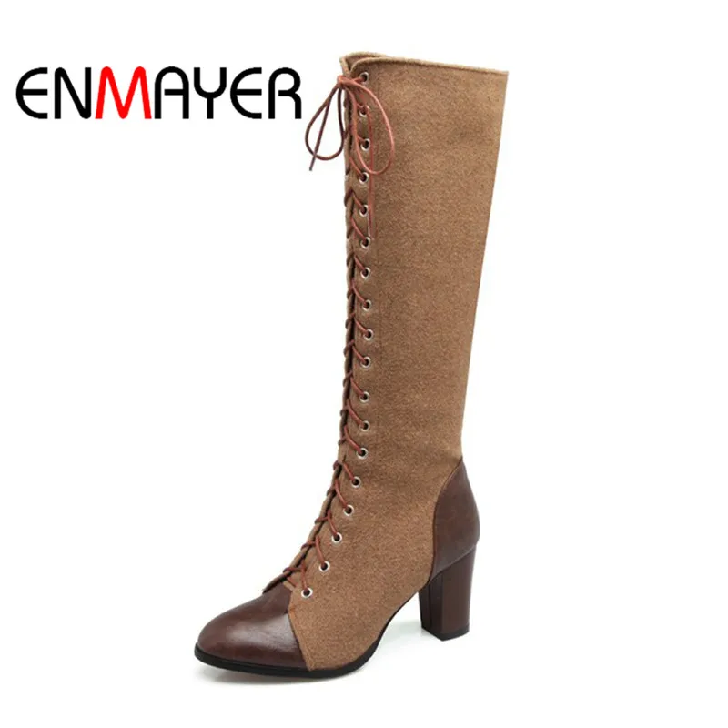 

ENMAYER Women Mixed Colors PU Shoes knee High Heels Pointed Toe Square Heels Cross-tied Fahion Shoes Size 34-47 Boots