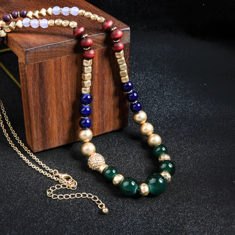 Медное покрытие акриловые бусины длинное ожерелье Этнические Красочные деревянные стеклянные бусы ожерелье свитер цепи для женщин ювелирные изделия