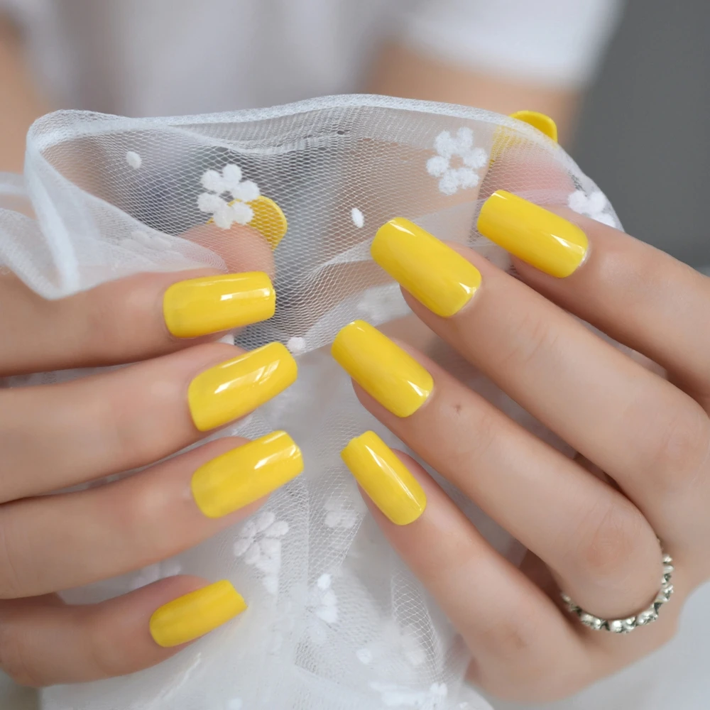 Neon Tip Press on Nails Lemon Yellow Square Summer Fake Nails UV Gel Quality Medium Long Acylic Tips