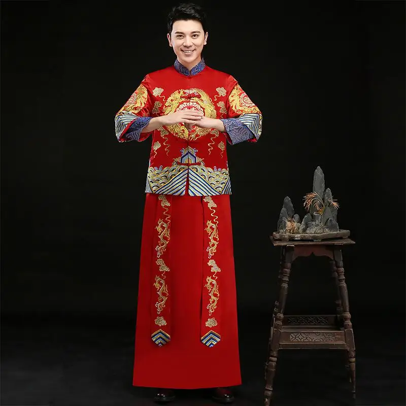 Вышивка Дракон Китайский мужской свадебный костюм традиционный Азиатский Жених Свадебный комплект платья Ципао винтажная мужская одежда xs-xl - Цвет: Dragon D