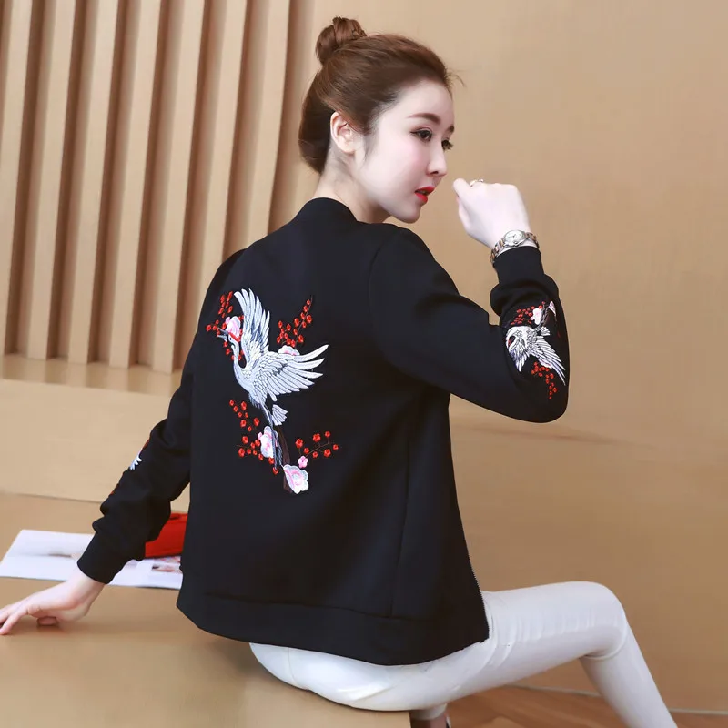

Spring Jacket Coat Big Bird Embroidered Bomber Jacket Women Autumn Flower Baseball Basic Jacket Female Black Coat SIZE XXL