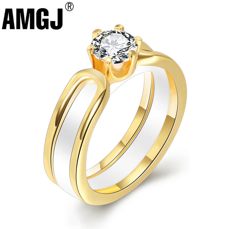 

AMGJ Black/White Ceramic Rings for Women Gold Silver Color Stainless Steel Wedding Engagement Couple Zircon Ring Jewelry