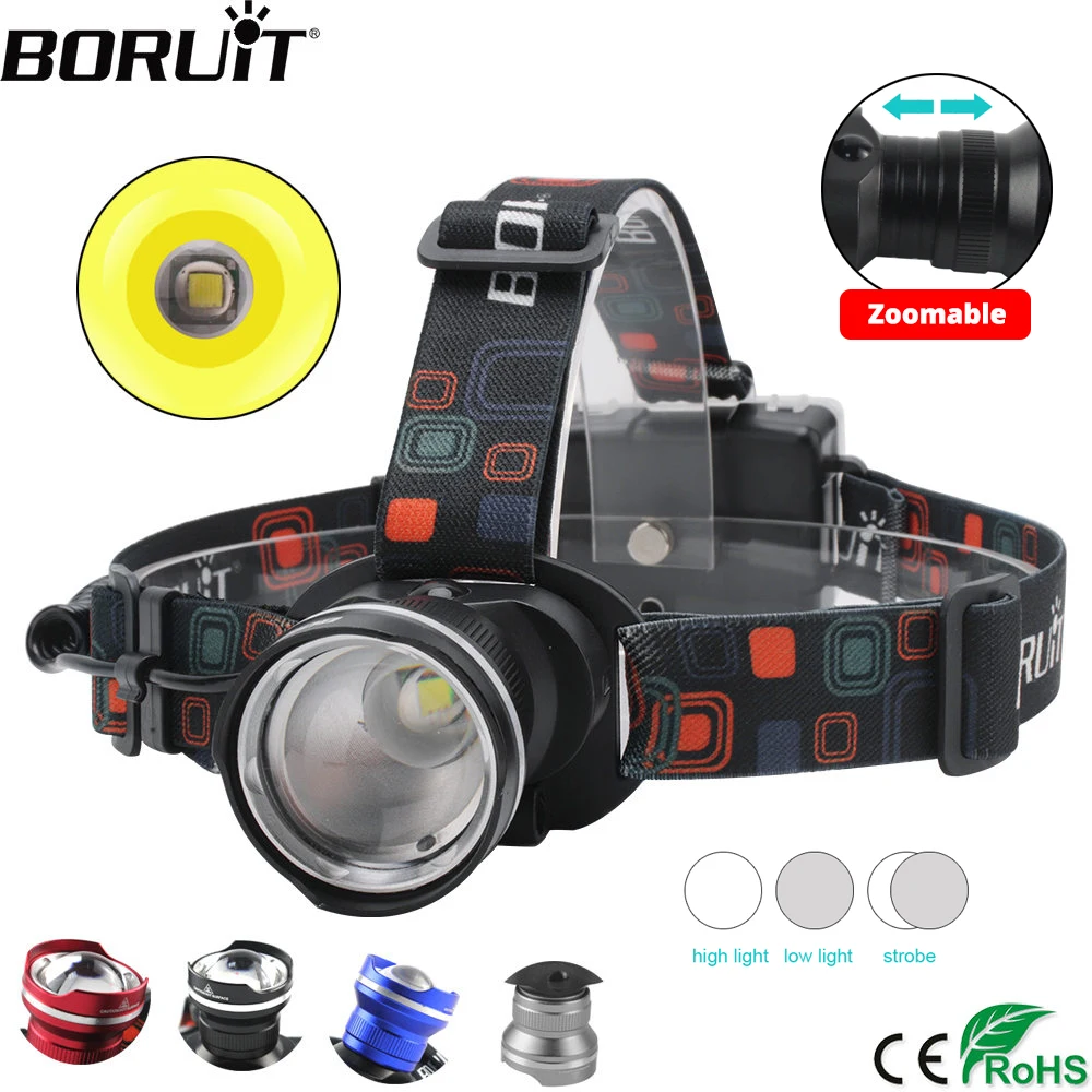 BORUIT RJ-2166 Мощный T6 светодиодный налобный фонарь с 3 режимами, масштабируемый налобный фонарь с батареей АА, водонепроницаемый фонарь для кемпинга и охоты