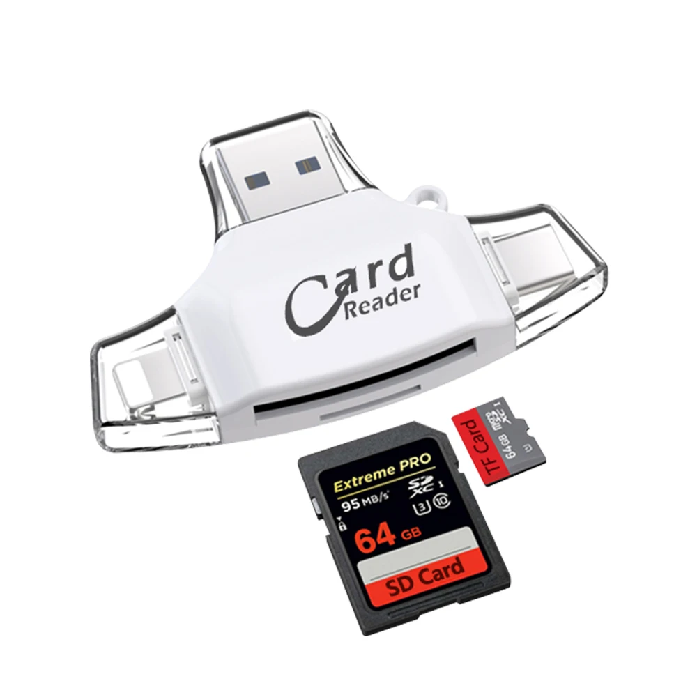 UTHAI R012 кард-ридер 4в1 type-c/Lightning/MicroUSB/USB2.0 Мультиадаптер для iPhone X XR 11 7 8 TF/SD карты USB адаптеры - Color: White