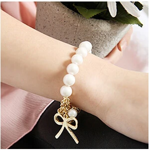2015 New Fashion Charm Bracelet With Gold Butterfly Bow White Pearl Chain For Women Jewelry | Украшения и аксессуары