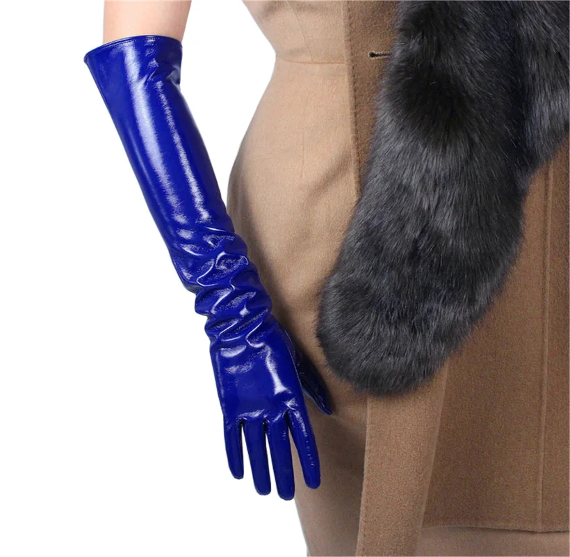 Patent Leather Long Gloves Woman Long Simulation Leather PU Leather Gloves Mirror Bright Leather Dark Blue 50cm P53