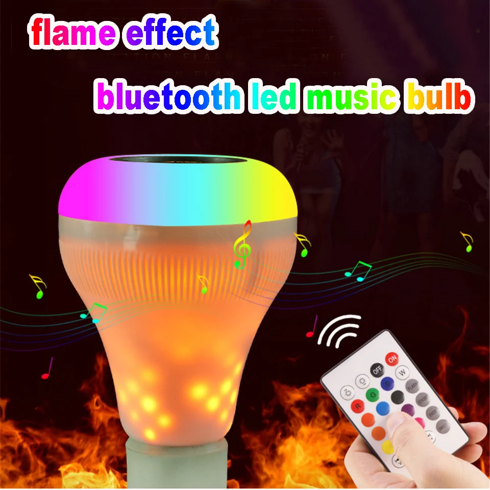 

Multi function RGB led bulb E27 flame effect led lights with bluetooth speaker for music sound control smart bulb for party