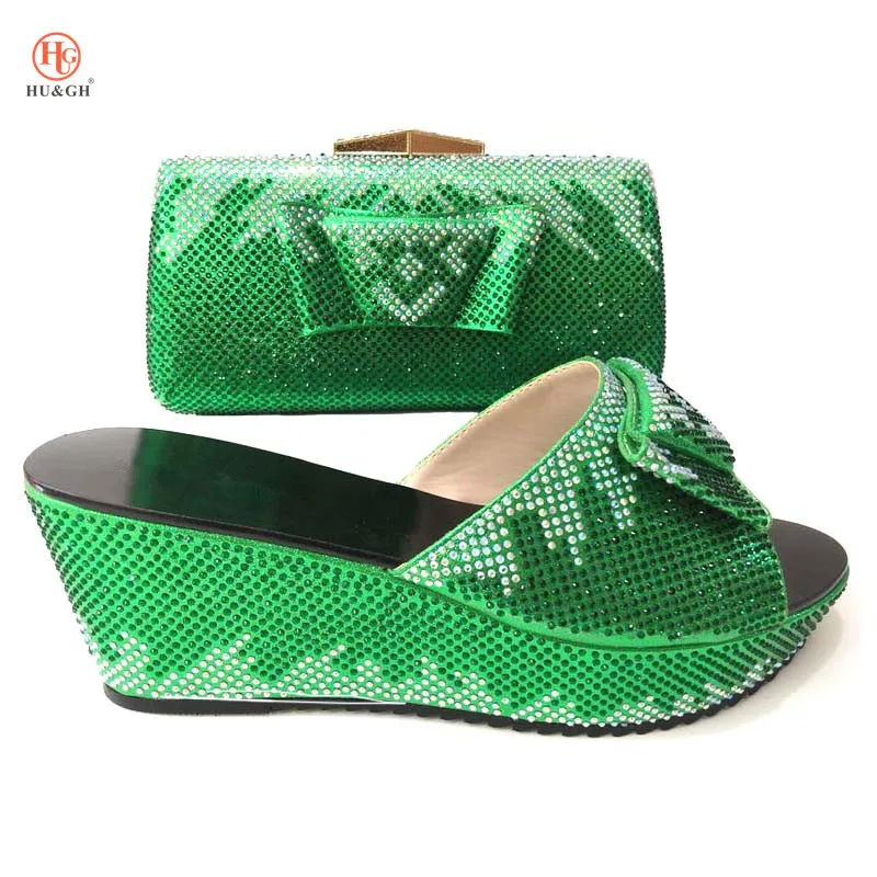 

2018 New Green Italian Shoes and Bag Set With Stones Fashion African Nigerian Wedding High Heels Women Pumps Sandals Matching