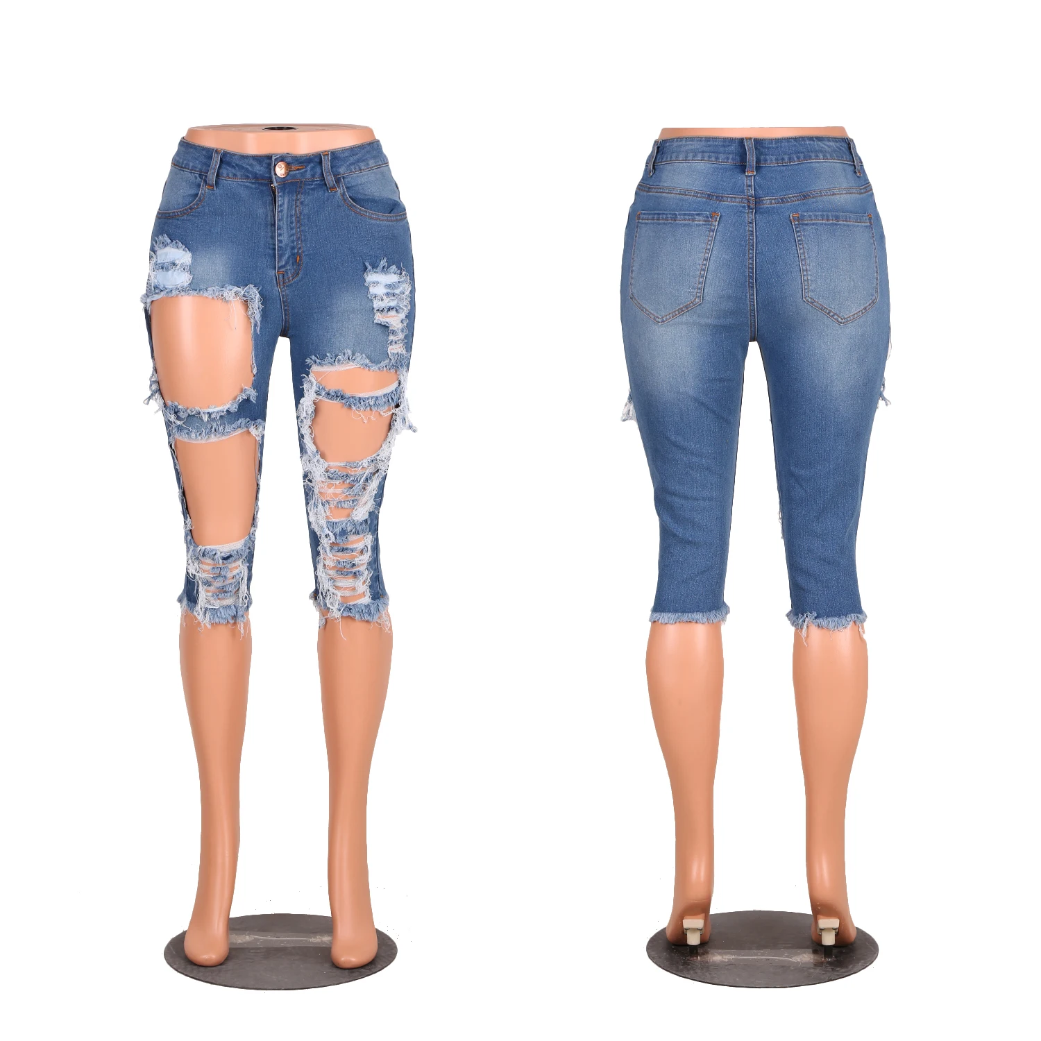 Новинка года; летние женские короткие джинсы в американском стиле с рваными дырками; эластичные узкие брюки хорошего качества; модные женские брюки синего цвета;