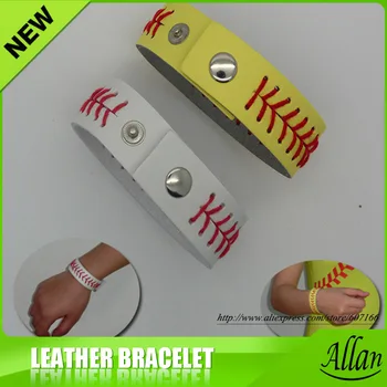 

Softball Bracelets - Yellow Leather with Red Stitching Seam Fastpitch Stretch Elastic Sport and Fashion Bracelets