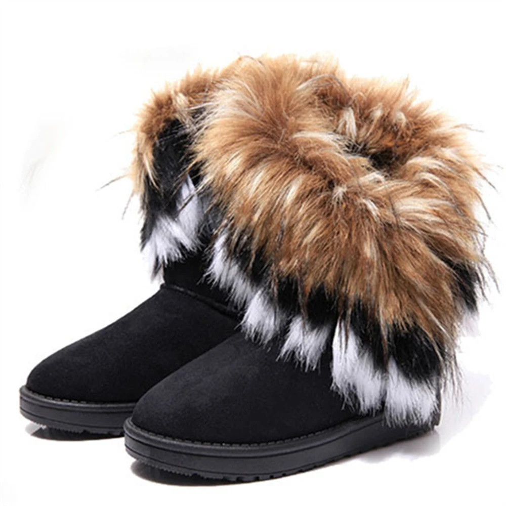 Women Snow Boots Plus Size Faux Fur Winter Ankle Boots Sewing Flats Female Comfort Footwear Platform Shoes Black Women Shoes - Цвет: Черный