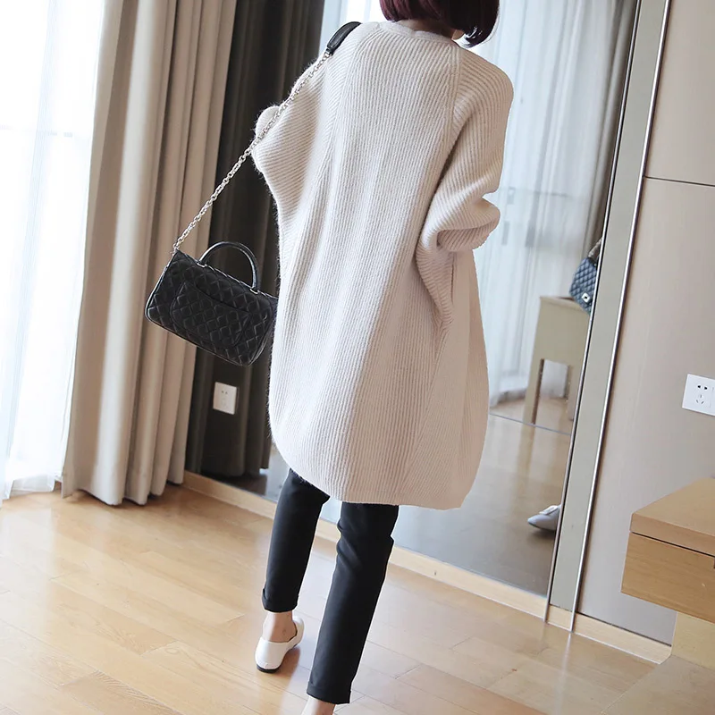 Large Size 2019 New Year Wool Knitted Sweater Women Loose Long Casual Solid Sweater Jacket Vintage Sweaters Cardigan with Pocket