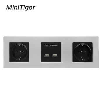 

Minitiger Wall Stainless Steel Panel Double Socket 16A EU Electrical Outlet Dual USB Smart Charging Port 5V 2A Output Black